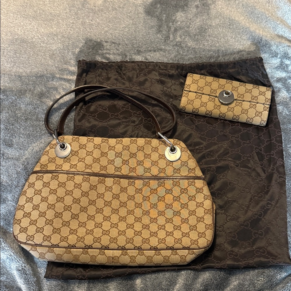 Gucci Eclipse Tan and Brown Shoulder Bag with Wallet Vintage Set